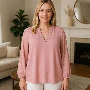 Rose Pink Evan Picone Black Label Long Sheer Sleeve V-Neck Blouse size XL